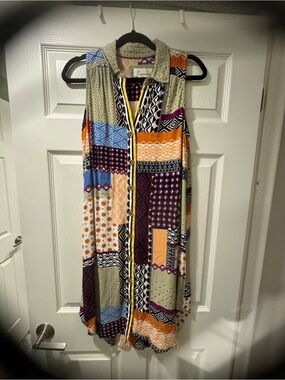 Sleeveless Multi-Color Patchwork Button-Front Dress